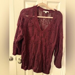 J.Jill Pure Jill’ Open-Textured crochet V-Neck Sweater in Eggplant Size M